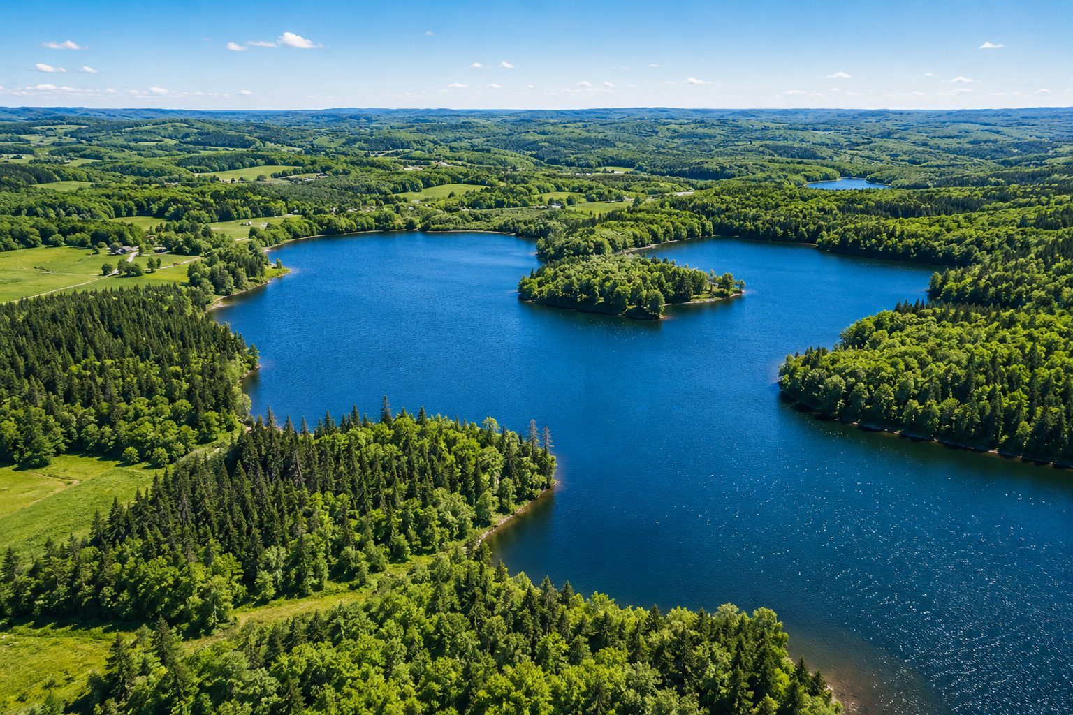 Vue aérienne du domaine riverain de 389 acres au lac Johnston